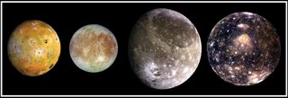 The Galilean Moons. (L2R) Io, Europa, Ganymede, and Callisto