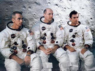 Eugene A. Cernan, lunar module pilot; Thomas P. Stafford, commander; and John W. Young, command module pilot