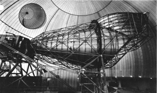 Huge horn antenna at the AT&T Andover satellite ground station at Andover, Maine, USA, used to communicate with the first direct relay communications satellite, Telstar.