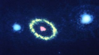 The first image from the Hubble Space Telescope released with the first science results of the mission. It is of Supernova 1987A taken in visible light.