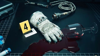 Forensic crime scene setup featuring an astronaut glove resting in a pool of red wine beside an overturned glass, yellow evidence marker, scale ruler, and investigation tools.