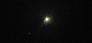 Jupiter and Galilean moons: from left to right - Callisto, Europa and Ganymede (September 2022). Celestron Astromaster LT 76 AZ, iPhone 12. 