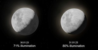 The waxing gibbous moon, photographed on two concecutive nights in January 2023. Celestron Astromaster LT 76 AZ, 20mm eyepeice lens, iPhone 12.
