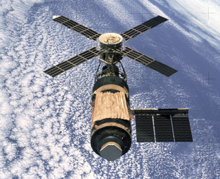 Skylab imaged by the departing crew of Skylab 4.