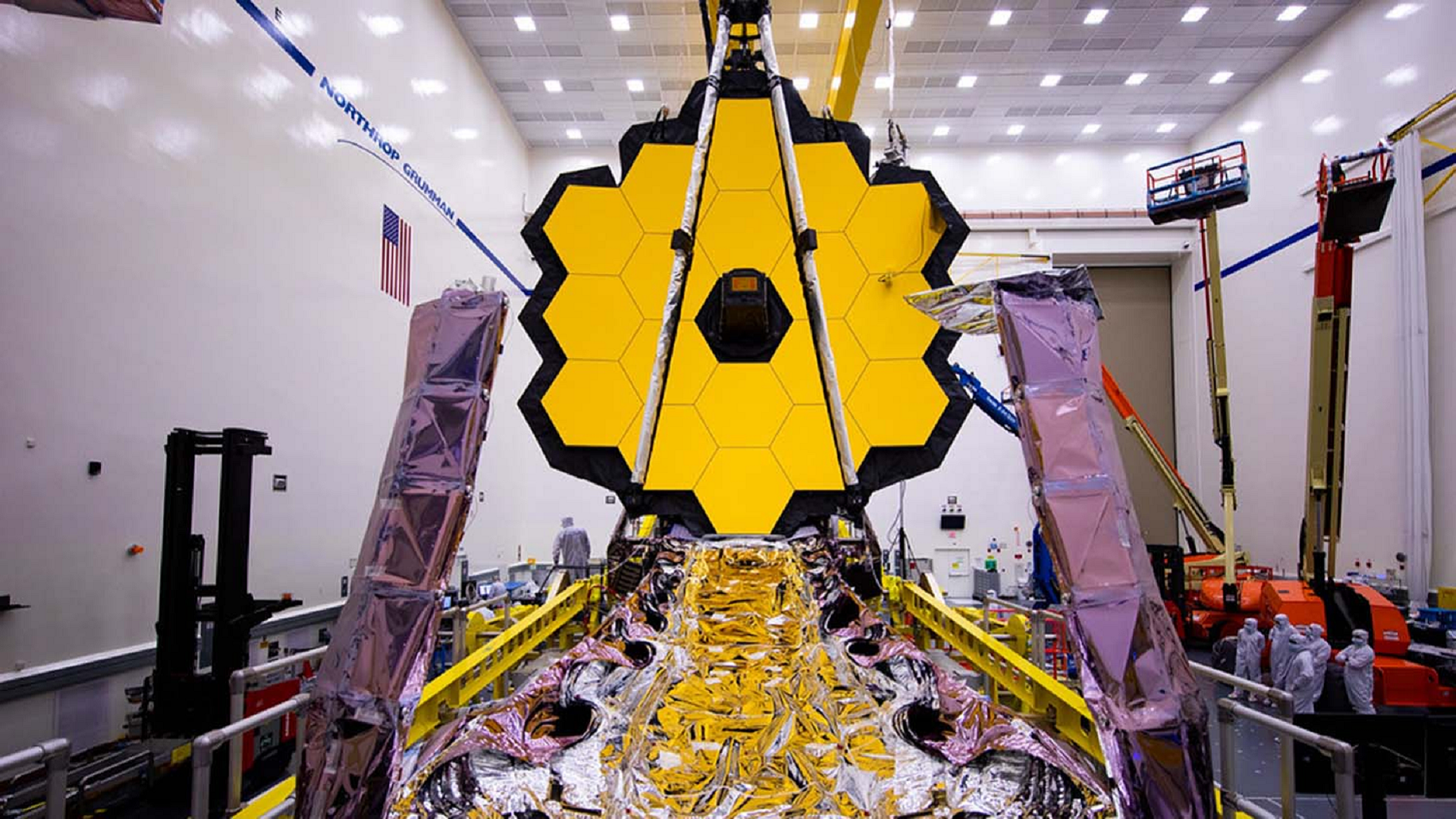 The James Webb Space Telescope with its mirrors fully deployed in a 2020 pre-launch test.