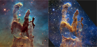 Pillars of Creation in the Eagle Nebula, Hubble Space Telescope 2014 and James Webb Space Telescope 2022
