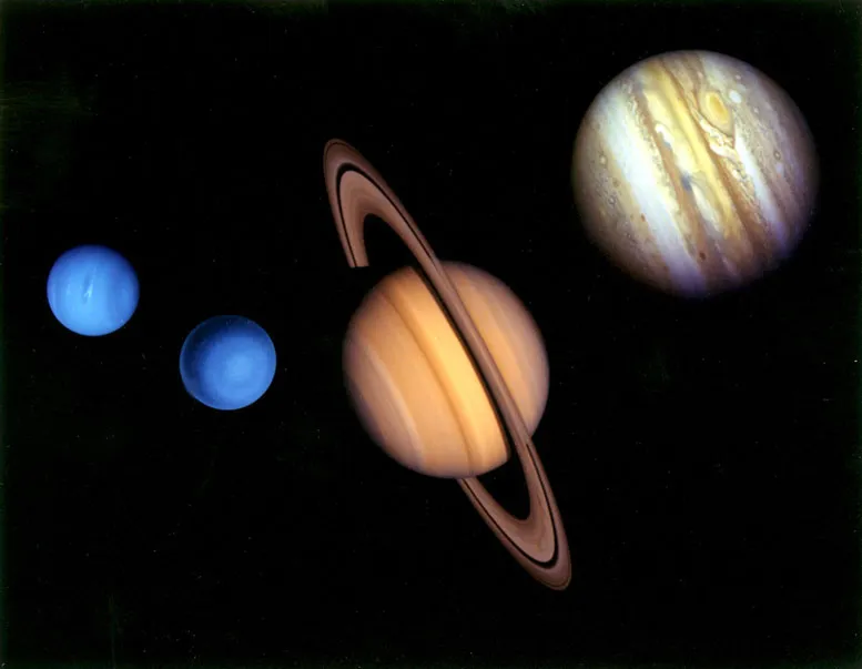 From left to right: Neptune, Uranus, Saturn, Jupiter.