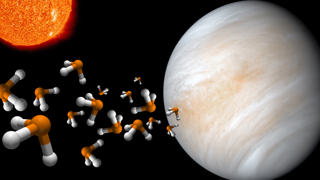 A picture which shows the Sun (top left), Venus (right planet) and little phosphine molecules floating around Venus.