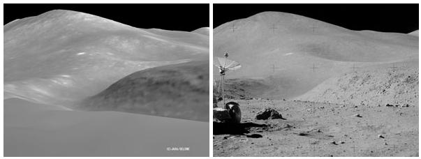 Comparison between 3D SELENE landscape (left) and Apollo 15 photo (right). 