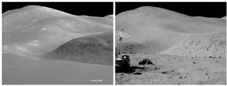 Comparison between 3D SELENE landscape (left) and Apollo 15 photo (right). 