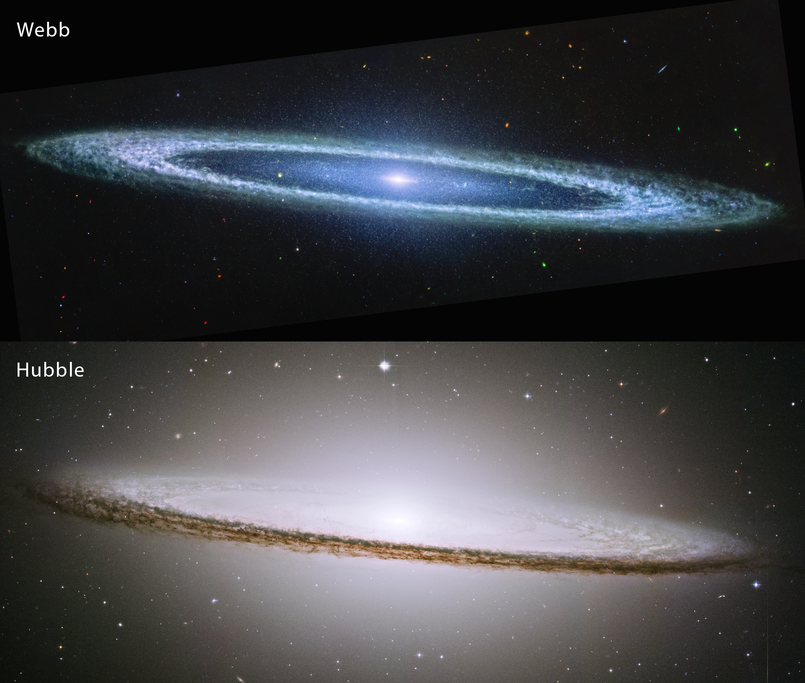 An image comparison of the Sombrero galaxy taken by the Hubble Space Telescope and the James Webb Space Telescope.