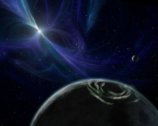 Artist interpretation of a pulsar with a planet