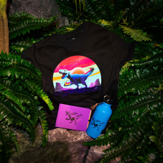 A dinosaur t-shirt, notepad and water bottle