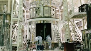 Hubble being built in cleanroom at Lockheed in US.