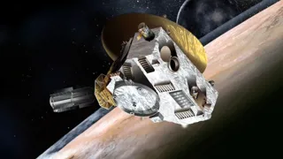 An illustration of the New Horizons spacecraft flying past Pluto and its moon Charon.