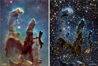 A comparison of the Pillars of Creation imaged by the Hubble Space Telescope in visible light (left) and infrared light (right).
