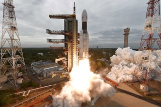 Chandrayaan-2 lifting off aboard a GSLV Mk III.