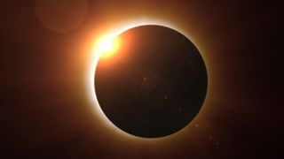 This illustration depicts a rare alignment of the Sun and Moon casting a shadow on Earth