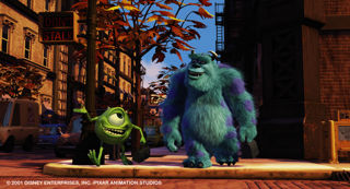 Mike and Sulley walking on the street in Monsters Inc.