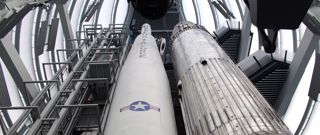 Blue Streak and Thor Able in the rocket tower of the National Space Centre.